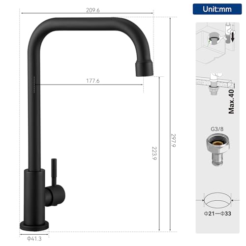 CECIPA kaltwasserhahn, 360° Drehbarer Wasserhahn Kaltwasser, Edelstahl Kaltwasser Armaturen für Küche, Gäste WC, Garten, Wohnmobil, Schwarz
