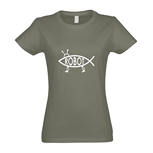 T-Shirt - Robot Fisch - Olive - M - imprimé avec Motif - été - Chemise Amusante - Sport - Loisirs