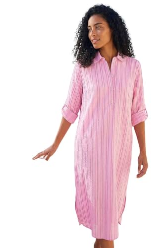 Image of Roman Originals Shirt Dress for Women UK- Ladies Long Sleeve Belted Collared Midi Maxi Winter Autumn Smart Casual Button Through Evening Office A Line Swing Skater - Size 18 - Stripe Pink