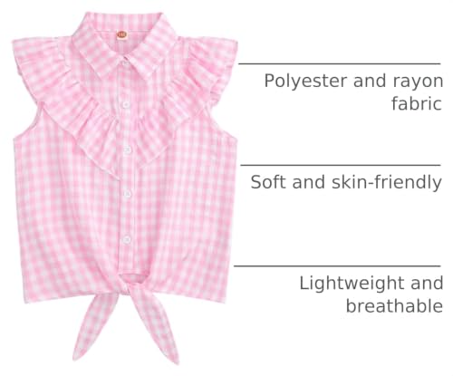 Image of Girls Sleeveless Plaid Button Down Shirt Summer Crop Tops Tie Knot Ruffle Sleeve Shirt Blouse 3-12Y