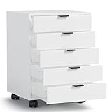 ELUCHANG Schubladenschrank, Rollcontainer, Mobiler Aktenschrank mit 5 Schubladen, Unter Schreibtisch SchrankBüro, Schubladenkommode für Zuhause Büro, Homeoffice, Weiß