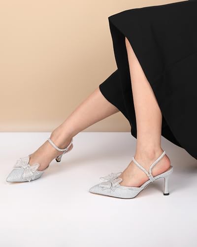 Eldof Women's Heels with Bow Sparkly Rhinestone Closed Pointed Toe Ankle Strap Stiletto Heel Pumps 3 Inches3
