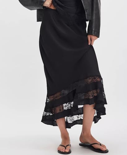 Women Lace Patchwork Satin Maxi Skirt Fishtail Long Flowy Silk Skirts Silky Maxi Slip Skirt Elegant Fall Skirts 20252