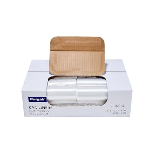 Plastiguide 7-10 Gallon Clear Trash Can Liners, 24'' x 24'', Wholesale 1000 Count, High Density Garbage Bags for Office, Bathroom, Commercial and Industrial Use