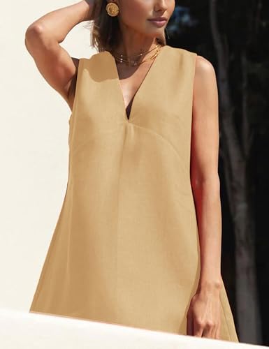 Image of Megfie Womens Summer Cotton Linen V Neck Short Dress Sleeveless Mini Dress Casual A Line Sundress Yellow-Large