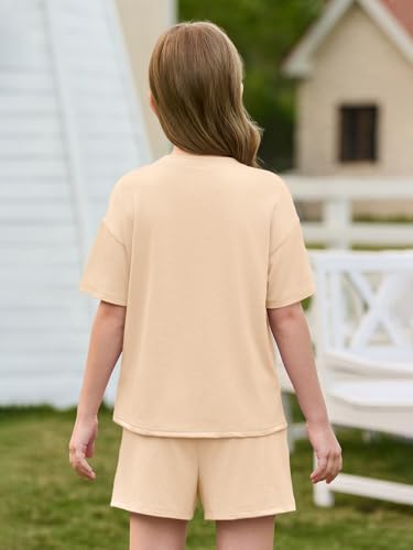 Image of Haloumoning Girls Summer 2 Piece Outfits Kids Oversized T Shirts and Shorts Clothing Sets 5-14 Years