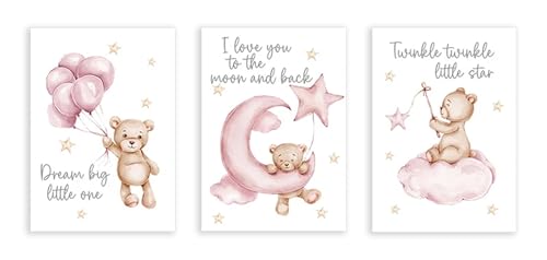 Affiche ours et étoile rose pour chambre de bébé fille