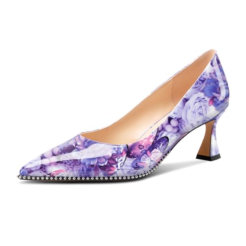 Image of TNYNFBEB Womens Mid Kitten Heel Pointed Toe Pumps Slip-on Silver Beaded Prom Party Dress Patent Leather 2.6 Inches Heels