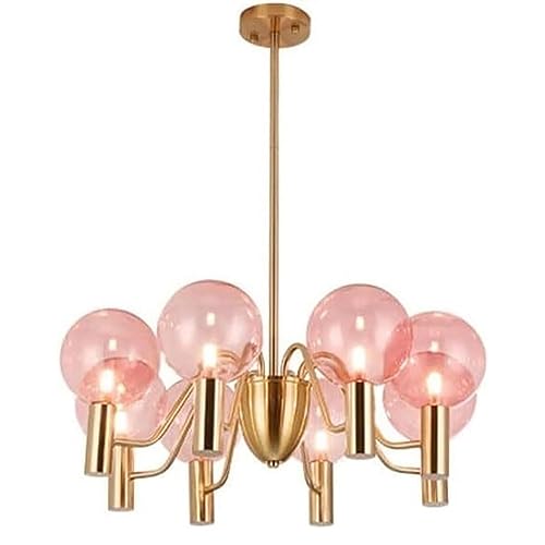 Lustre en cristal rose moderne, suspension 8 lumières avec abat-jour à bulles de verre