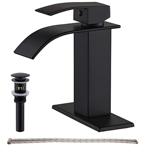 HIHIA Waterfall Spout Bathroom Faucet with Deck Single Handle Matte Black with Pop Drain Without Overflow Commercial Modern Lavatory Deck Mount (One or 3 Hole) Cover