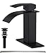 HIHIA Waterfall Spout Bathroom Faucet with Deck Single Handle Matte Black with Pop Drain Without Overflow Commercial Modern Lavatory Deck Mount (One or 3 Hole)