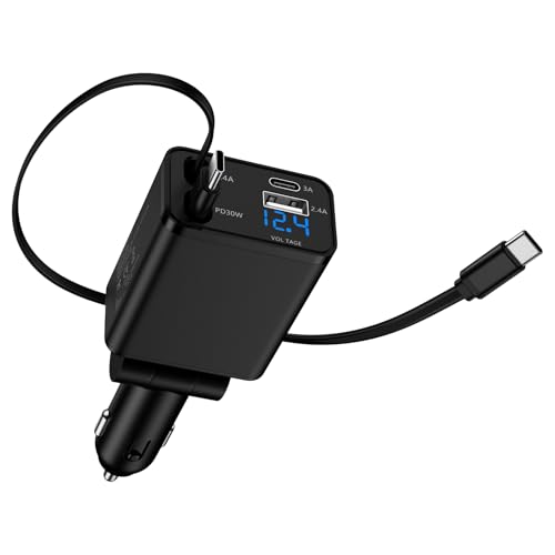 4in1車充電器 巻き取り式 シガーソケット USB-C しがーソケットUSB 急速充電 総47W タイプC PD30W対応 急速 カーチャージャー Cタイプ 車載充電器 12/24V車対応 65CMまきとり充電ケーブル カー用品 Type-C ケーブル