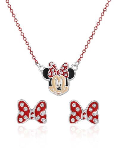 Disney Minnie Mouse Necklace and Stud Earrings for Women Official License, Fashion Jewelry Set with Red Chain and Enamel