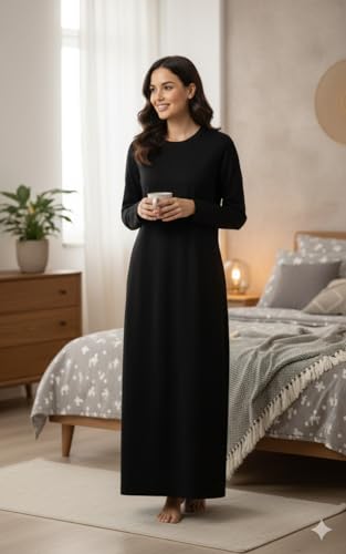 Image of Winter Wear Woolen Nighty Dress Black Polar Nighty Women Gown Dress Maxi Soft Velvet Full-Length Maxi Nighty Free Size