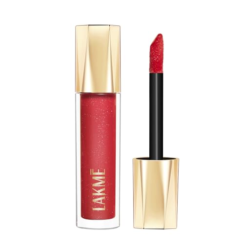 Image of Lakme Glitterati Lip Glaze, for Plump and Shiny Lips, with Vegan Collagen and Crystal Technology, Non-Sticky Formula, Glitter Infused, Delicious Coconut-Vanilla Scent, 101 Scarlet Spritzer 5ml