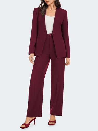 Women's 2 Piece Business Casual Outfits Collarless Blazer Jacket Wide Leg Work Pants Dressy Suit Set - Image 3