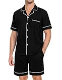 SWOMOG Mens Pajama Set Short Sleeve 2 PCS Sleepwear Button Down Soft Loungewear Modal Set Pj Set with Pockets S-3XL Black Large