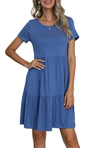 levaca Womens Summer Casual Dresses Beach Coverup Loose Short Sleeve T Shirt Dress 2025 Midi Sundress Light Blue L - Thumbnail 3