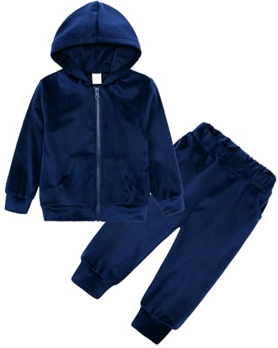 Adigau Trainingsanzug Kinder Hausanzug Set Jogginganzug Velours Sportanzug Freizeitanzug 2 Teilig Kapuzenjacke Langarm Zipper Lange Sporthose für Frühling Herbst Dunkelblau 7-8 Jahre