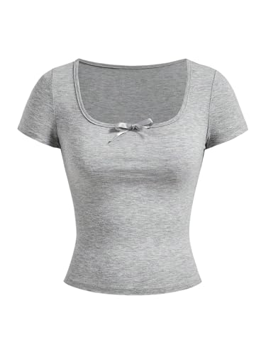 Girl's Bowknot Scoop Neck T Shirt Short Sleeve Slim Fit Summer Tee Tops