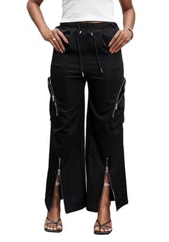 HuiSiFang Womens Baggy Cargo Pants High Waisted Casual Wide Leg Slit Drawstring Trousers with Pockets