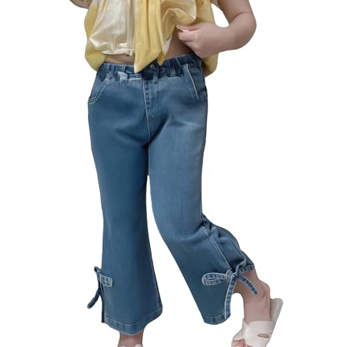 Kids Girls Bow Jeans Elastic Wide Leg Baggy Denim Pants High Waist Trousers Preppy Trendy Y2k Streetwear with Pockets