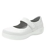 Alegria Women's Kourtney Professional Nursing and Healthcare Adjustable Mary Jane Slip-On Closed Back Clog Embloom White 9 Wide Width US