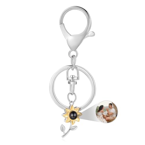 Amsgedhie llavero pequeño, girasol flor foto proyección llavero personalizado, Navidad, cumpleaños, Día de San Valentín, Día de la Madre, niñas damas regalo. (Plata)