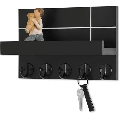 Lwenki Wall Mounted Key Holder - 9.8" x 6.7" x 4.2" Decorative Wall Shelf with Hooks Holds Key Rings, Dog Leash, Wallet, Purse - Real Paulownia Wood Entryway Shelf for Rustic Farmhouse Decor (Black) Cover