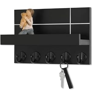 Wall Mounted Key Holder – 9.8″ x 6.7″ x 4.2″ Decorative Wall Shelf with Hooks Holds Key Rings, Dog Leash, Wallet, Purse – Real Paulownia Wood Entryway Shelf for Rustic Farmhouse Decor (Black)