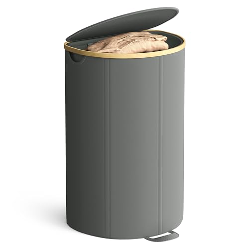 SONGMICS Laundry Hamper, Laundry Basket with Lid, 23.8 Gal. (90 L), with Removable Liner Bag, for Laundry Room, Bedroom, Living Room, Slate Gray and Light Bamboo ULCB547G01