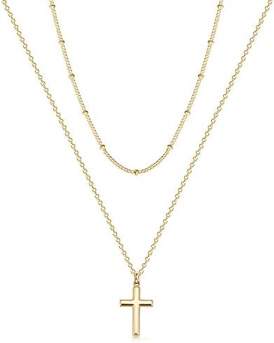 Fettero Cross Necklace Layered Gold Satellite Chain Choker Faith Pendant 14K Gold Plated Dainty Chain Minimalist Simple Tiny God Lords Prayer Religious Jewelry Gift