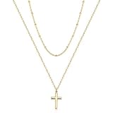 Fettero Cross Necklace Layered Gold Satellite Chain Choker Faith Pendant 14K Gold Plated Dainty Chai