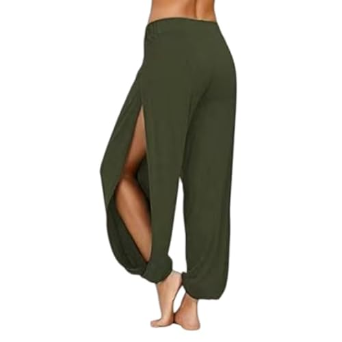 tincolia Summer High Slit Haren Pants for Women Sports Yoga Pants Solid Loose Hippie Wide Leg Pants Trousers-Green-L