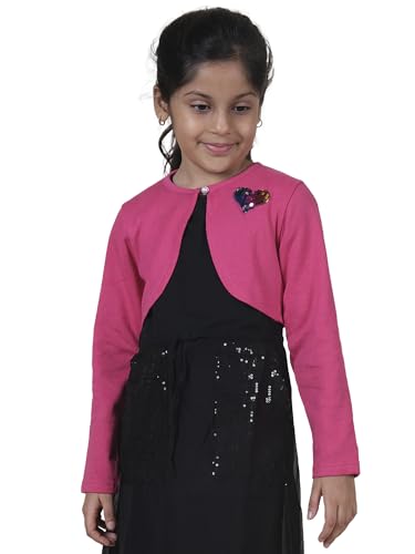Image of KiddoPanti Girls Fleece Crop Length Shrug | Cotton Poly Fleece Fabric |Sequin Patch on Chest | Front Open Pearl Button Closure | Crop Length, Full Sleeve | Lightweigth & Breathable Girls Shrug