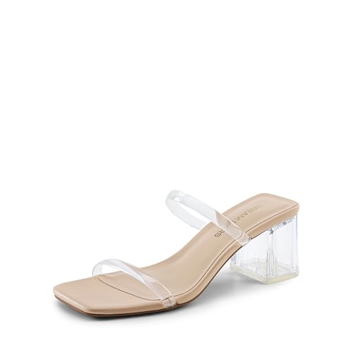 DREAM PAIRS Sandal Heels for Women Low Square Open Toe Block Chunky Heels Slip On Slides Mules for Party Homecoming Daily 6.5 Clear