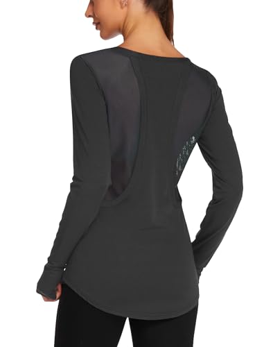 PINSPARK Long Sleeve Workout Tops for Women Mesh Workout Shirts with Thumb Holes for Hiking Yoga Running Pilates