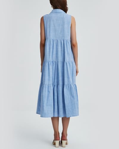 Womens Summer Button Down Maxi Shirt Dress Sleeveless Collared V Neck Tiered Flowy Midi Dress2