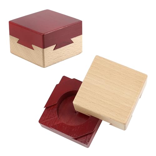 Caja de rompecabezas secreta mágica de madera tallada con acabado rojo antiguo 7