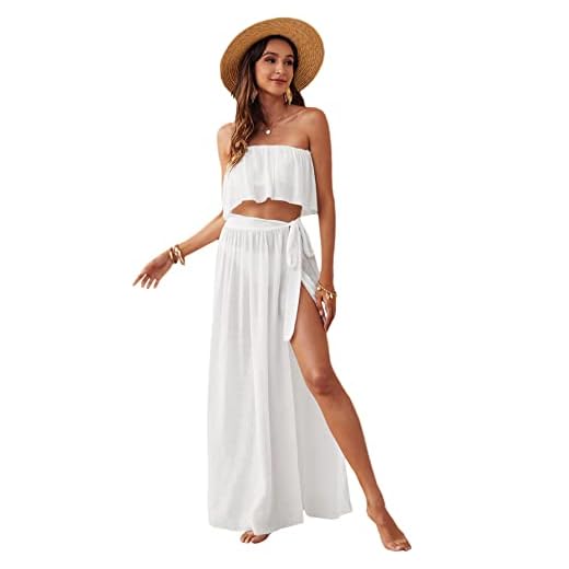Verdusa Conjunto de saída de praia feminina 2 peças transparente com saia longa e laço lateral, Branco, Small