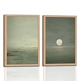 Japanese Zen Wall Art Set of 2 with Wooden Frame – Minimalist Sage Green Sunset Landscape Prints, Japandi Scandinavian Boho Painting, Framed Picture Wall Decor 12x16 Inch