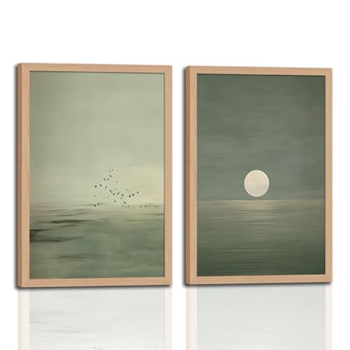 Japanese Zen Wall Art Set of 2 with Wooden Frame &ndash; Minimalist Sage Green Sunset...