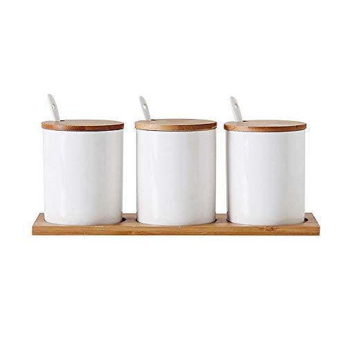 VanEnjoy Ceramic Sugar Spice Containers Porcelain Jar with Bamboo Lids, Tray and Spoons