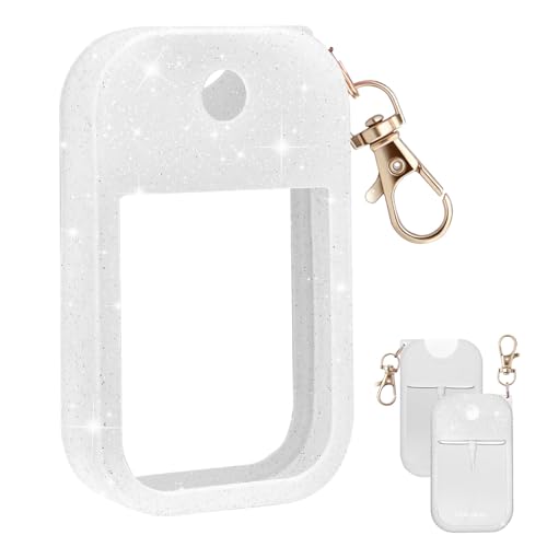 Palksky Estuche desinfectante de manos para Touchland, funda protectora con llavero para niebla de energía y niebla brillante, 1 onza líquida (lentejuelas blancas brillantinas), tamaño de viaje
