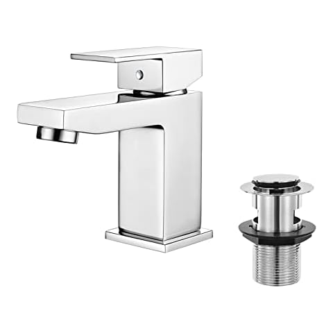 Mighbow Basin Mixer Tap with Pop Up Waste with Overflow Square Mixer Tap Bathroom Sink Taps, Mono Single Handle Chrome Basin Taps Mixers Cover