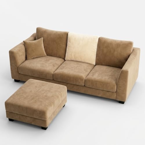 Image of SOCOZI Trevano 4 Seater L Shape Sofa Set with Movable Ottoman | Flexible Left or Right Layout | Soft Velvet Suede Fabric | Modern Design | Plush Comfort Cushions for Living Room (Beige-Cream)
