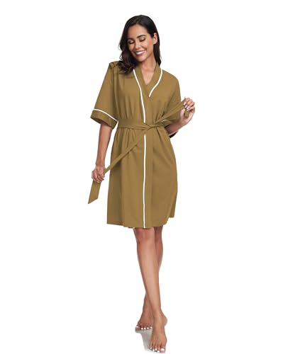 Image of ANLIQI Womens 100% Cotton Robes Lightweight Summer Short Sleeve Lady Bathrobe Knee Length Kimono Robe Sleepwear with Pockets