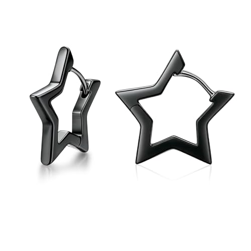 Image of Loutade Black Earrings for Men, 925 Sterling Silver Star Hoop Earrings, Hypoallergenic Huggie Black Men’s Earrings in Star-Shape, Simple Cartilage Sleeper Earrings for Women Girls, Men's Jewellery