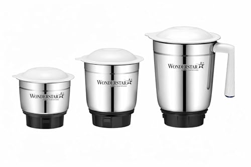 Image of Wonder Star Stainless Steel Mixer Jar Set, 3 Pieces, with White Lids, Silver || capacity 300+800+1200ml ||nylon base ||side 2lock and 4teeth coupler mixer compatible