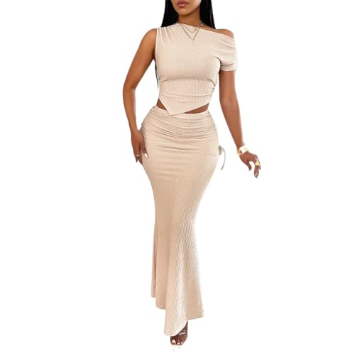 Women's Elegant Solid Color Maxi Skirt Set Off Shoulder Short Sleeve Slim Fit Top and High Waisted Fishtail Skirt3